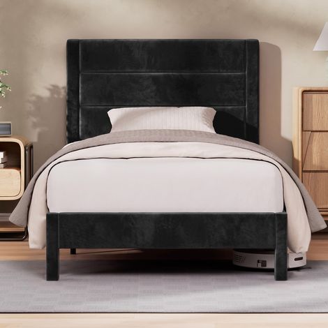 Cama Tapizada Individual 90x200 cm con Cabecero Acolchado, Espacio de Almacenaje bajo la Cama, 6 Patas, Terciopelo Negro (1/5)