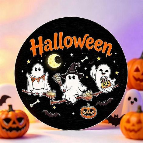 Panneau de porte rond en bois pour Halloween, plaque à suspendre avec motif fantôme, décoration de porche, ornement mural intérieur/extérieur et cadeau idéal pour les fêtes. (1/5)