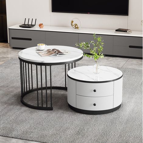 Tavolini da caffè impilabili 2 pezzi, bianco effetto marmo lucido, 2 cassetti, 30 kg, OKMYHOME (1/5)