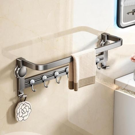 Wall-mounted suction cup towel rack, no drilling required, 6 sliding hooks, 40 cm, bathroom (1/4)