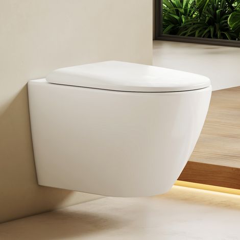 EMKE WC Suspendu Sans Bride Céramique 49 x 37 x 37 cm, Rinçage Double et Abattant Soft-Close à Déclipsage Rapide, Blanc (1/5)