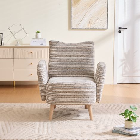 Fauteuil moderne, tissu à motifs circulaires, avec poche latérale, pieds en bois massif, fauteuil de lecture confortable, salon, chambre, bureau (Kaki Bouclé) (1/5)
