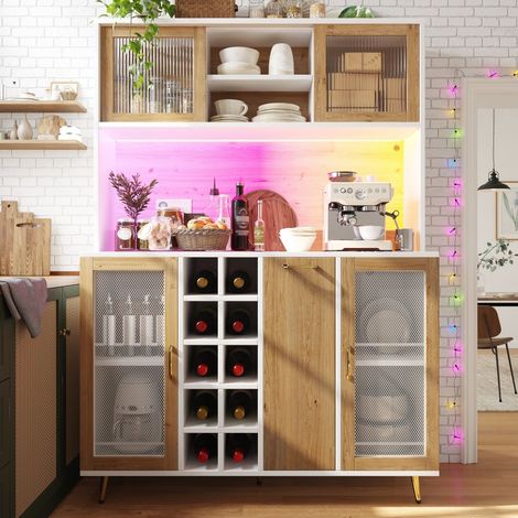 Buffet et enfilade multifonction-éclairage LED-casier vin et snacks-5 portes-prise intégrée-blanc aspect bois-120x40x170cm (1/5)