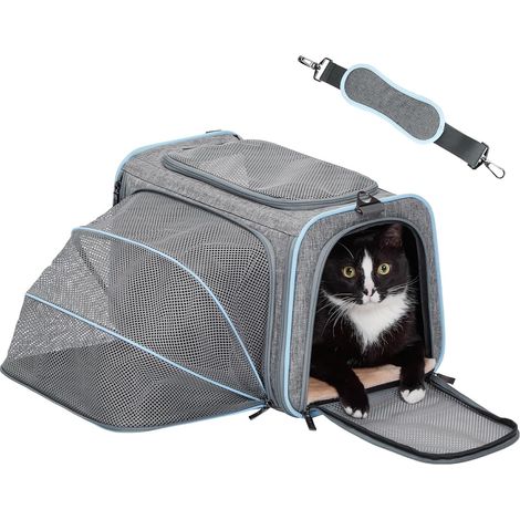 Sac de Transport pour Chat/Chien Extensible d'un côté en Oxford 600D – Tapis Amovible, sécurisé pour Voiture et Voyage, Pliable – Modèle Moyen, en Gris (1/5)