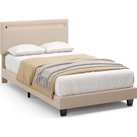 Letto Imbottito 90 x 200 Bealife Struttura letto con Luce LED Letto Singolo con Testiera Tessuto in Lino Letto per Bambini e Adolescenti Beige