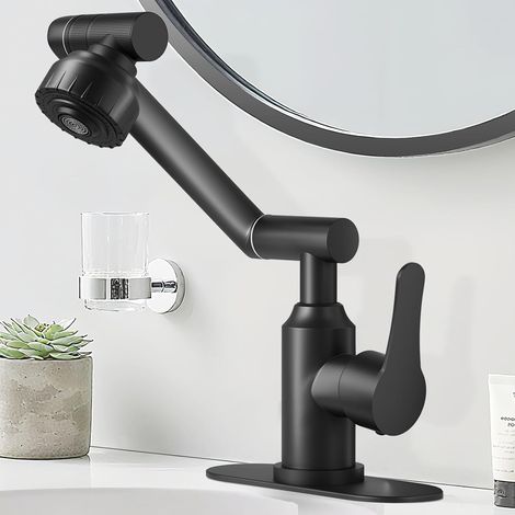 Robinet de salle de bain - Robinet de cuisine - Robinet de lavabo - Rotation à 1080° pour 1 ou 3 trous - Poignée unique avec flexibles eau chaude/eau froide - 2 modes de sortie - Noir mat (1/5)