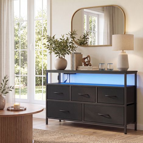 Commode avec 5 Tiroirs et Étagère Ouverte, LED, Prises et Ports USB, 98,7 x 30 x 68,1 cm, Noir (1/5)