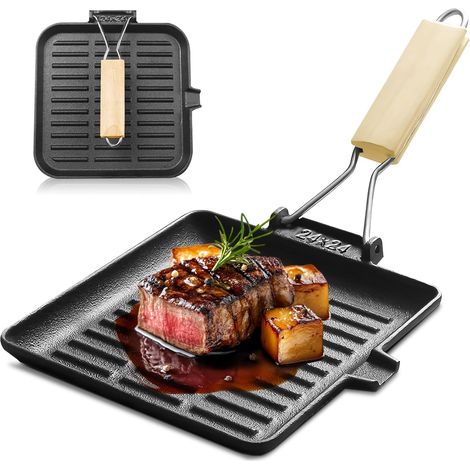 1 Poêle À Griller En Fonte 24x24cm Antiadhésive Avec Bec Verseur Poignée Pliable Pour Cuisinière Induction (1/5)