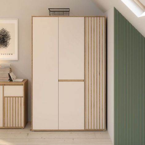 Armadio Neutra 3 Ante Cashmere e Rovere con Dettagli Cannettati