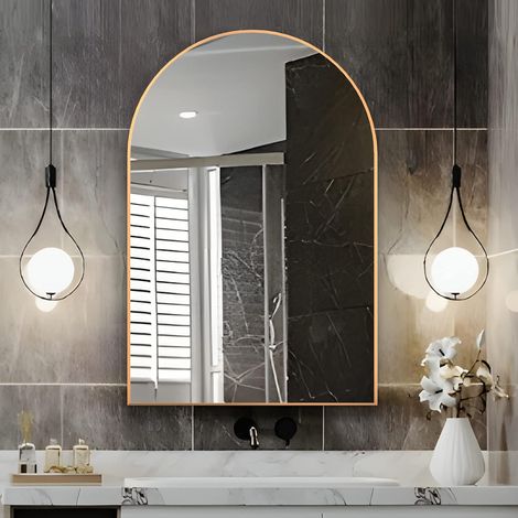 1 Miroir Mural, Cadre Métal Doré, Verre Flotté 6 Couches, Design Arqué, Pour Salle De Bain Salon Chambre (1/5)