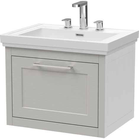 Blithbury Traditional Bathroom Wall Hung 1 Drawer Vanity Unit and 3 Tap Hole Fireclay Basin, 600mm, Woodgrain Grey (1/2)