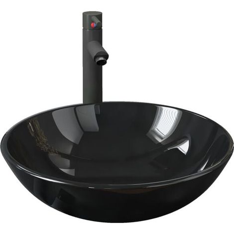 Lavabo de salle de bain avec robinet et bonde à bouton-poussoir. En verre trempé. (1/5)