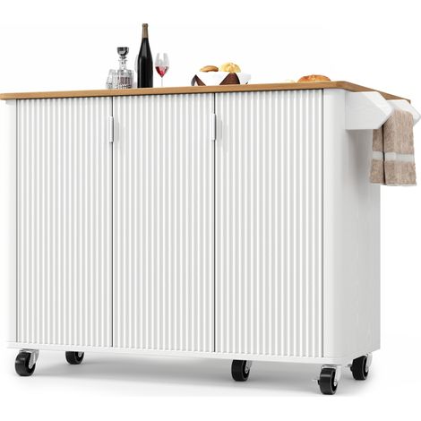 Îlot de cuisine blanc avec plateau relevable, 3 portes, range-épices, porte-serviettes et roulettes verrouillables, meuble multifonction gain de place  CHICFURN (1/5)