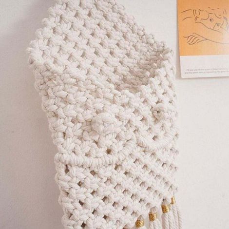 Décor mural macramé - Corde coton - Bois de hêtre - Pour fleurs séchées - 17 x 53 cm (1/4)