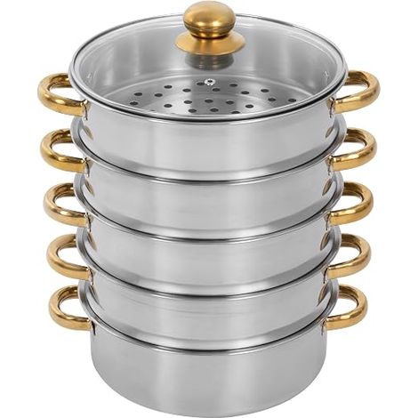 26/28/30 cm - 5 étages - Cuiseur vapeur en acier inoxydable - Avec couvercle en verre - Doré et argenté - Convient pour les plaques à gaz, les plaques à induction et les casseroles électriques, etc (1/5)