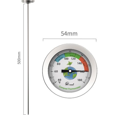 FENOPLASTICAThermomètre à compost – Thermomètre à cadran en acier inoxydable pour compostage maison et jardin – Diamètre 54 mm Cadran C & F, sonde de température 500 mm Accélérateur de compost