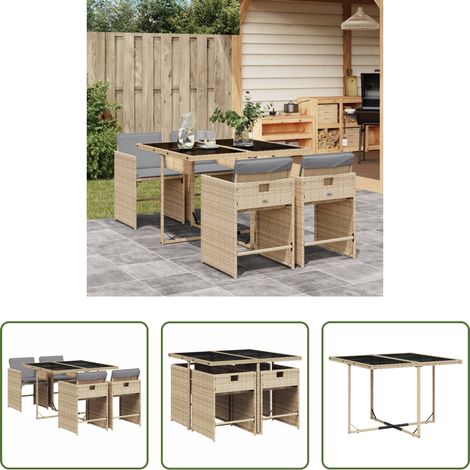 Chaises de jardin - Ensemble à manger de jardin coussins 5 pcs mélange beige rotin (1/5)