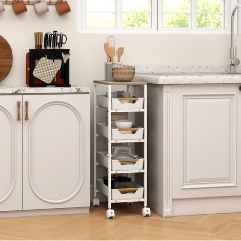 Desserte de cuisine 39.5x24x82 cm blanche en métal avec 4 tiroirs et roulettes (1/5)