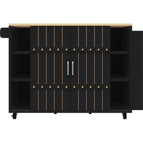 Îlot de cuisine noir avec roulettes, plateau pliant, étagères et tiroirs en MDF (1/5)