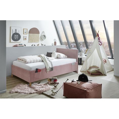 Meise Möbel Kinderbett Cool 140x200 cm Bettgestell Kopfteil glatt Cordstoff Rose Holzfuß eichefarbig (1/3)