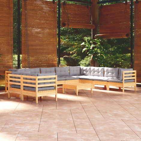 INLIFE Salon de jardin 11 pcs avec coussins gris Bois de pin solide (1/5)