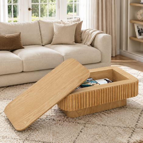 Mesa de centro rectangular estriada, 98 cm, con almacenamiento oculto, chapa de madera maciza, fácil montaje en 5 minutos, mesa auxiliar, madera natural. (1/5)
