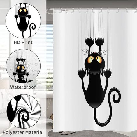 Tenda da doccia con gatto nero, tenda da doccia con gattino su sfondo bianco, tenda da doccia per bagno 150x180cm (1/3)