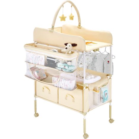 Table a langer pliable 2 tiroirs tissu panier lateral tringle hauteur reglable roues jouets beige clair finition soignée (1/5)