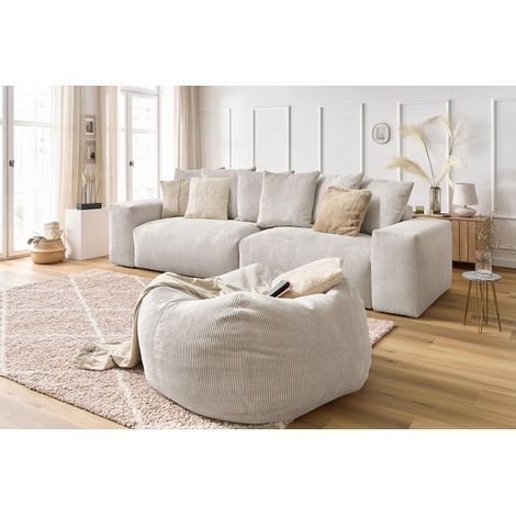 Canapé droit fixe BOBOCHIC - Canapé droit fixe 4 places VOLTAIRE velours côtelé avec pouf   Beige (1/5)