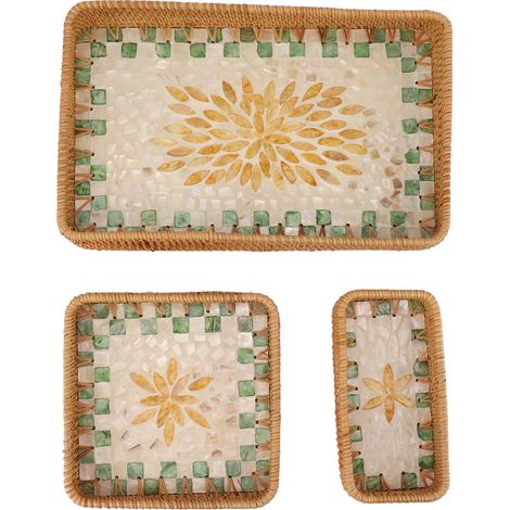 Plateau à fruits rectangulaire en rotin, 3 pièces, rangement polyvalent pour la maison, Restaurant, treillis vert avec feuilles jaunes. (1/5)