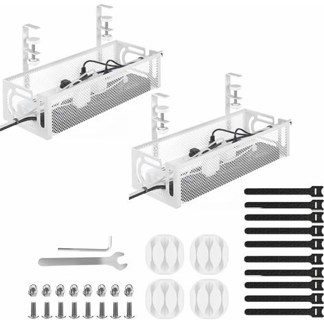Plateau de gestion des câbles pour bureau, sans perçage, organisateur de câbles en maille métallique avec fixation par pince pour bureau à domicile et bureau assis-debout (2 pièces, blanc) (1/5)