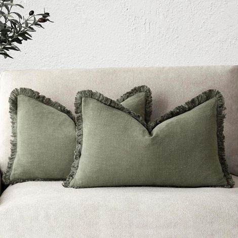 Ensemble de 2 Housses de Coussin Lombaire décoratives à Franges en Lin de Style bohème et Rustique avec Pampilles pour canapé, lit, Salon, décoration d'intérieur, 30 x 50 cm, Vert Olive