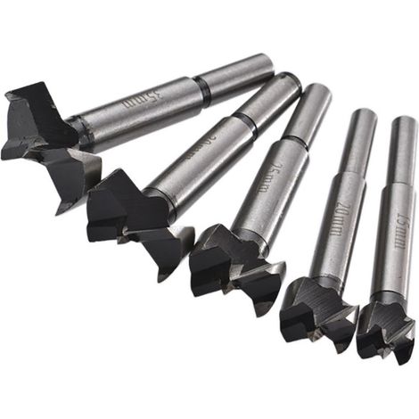 Lot de 5 mèches Forstner de 15, 20, 25, 30 et 35 mm pour le perçage et l'alésage, avec embout pour charnières en acier et outil d'ouverture de trous pour le travail du bois. (1/5)