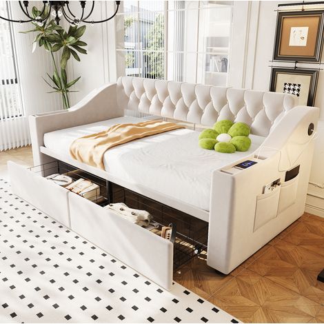 Schlafsofa 90/190 cm beige aus Samt mit USB-Anschluss und Stauraum (1/5)
