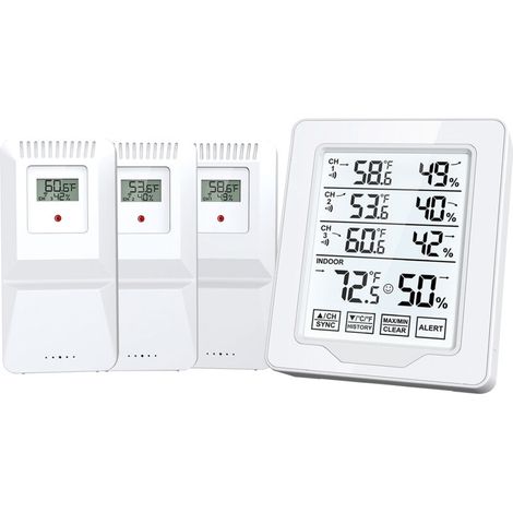 Thermomètre Hygromètre Numérique Intérieur avec 3 Capteurs sans Fil 500ft, Écran HTN Rétroéclairé Blanc, Alerte Température