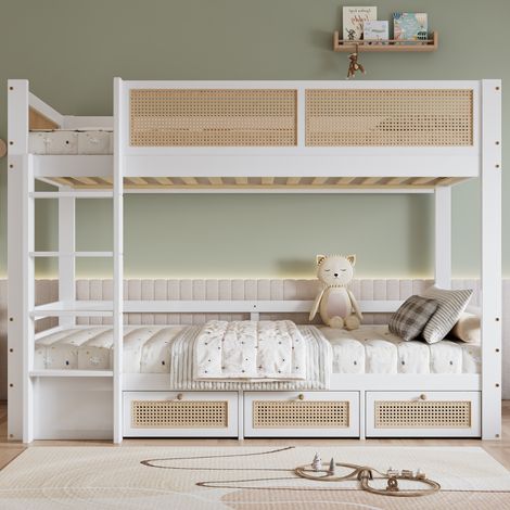 Lit superposé 90x200 cm - avec 3 tiroirs - avec échelle de sécurité - avec clôture en rotin - Bois massif + MDF - Blanc + Naturel (sans matelas) (1/5)