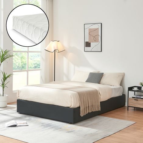 Cama matrimonio Nola somier abatible polipiel + colchón 140x200cm Negro [en.casa]