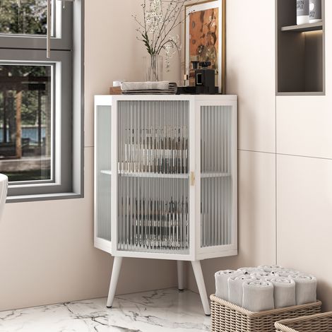 Meuble de rangement de salle de bain 80 cm à 2 niveaux avec porte en verre trempé, métal blanc (1/5)