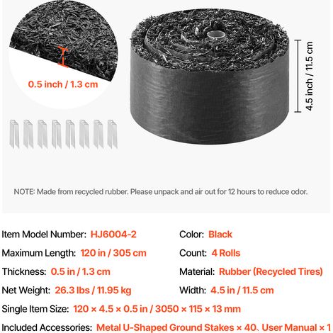 VEVOR Rubber Mulch Mat Roll, 4 Rolls 305 x 11.5 cm, Recycled Rubber Permanent Mulch Edging Border, Natural-Looking Flower Barrier with Stakes, 0.5 in Thick Cuttable Garden Edgings for Landscaping (1/4)