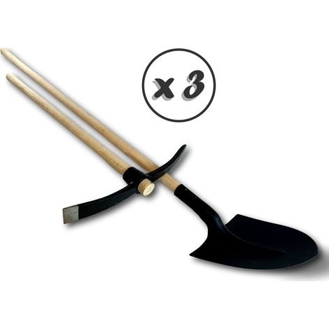 Lot pioche terrassier manche 90 cm + pelle de maçon manche 130 cm Tête acier - Quantité x 3 - Lot Pioche + Pelle ronde