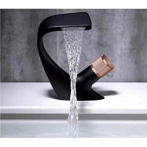 Robinet de lavabo cascade, robinet de lavabo de luxe lumière chaude et froide (volant doré monotrou en cuivre noir) (1/4)