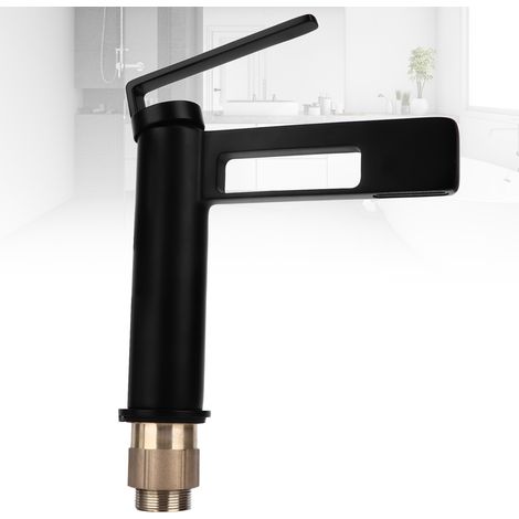 Robinet de lavabo de salle de bain tout en cuivre, style cascade, vasque sous plan, lavabo monotrou, robinet d'eau chaude et froide, noir. (1/5)
