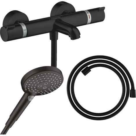 HANSGROHE Pack mezclador termostático para baño-ducha Ecostat Comfort + Designflex flexible + rociador Raindance Select 3 chorros negro mate