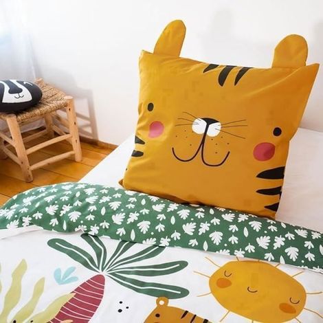 Parure de lit Enfant Réversible Lion Vert et Jaune Housse de Couette 140x200cm + 1 taie d'oreiller 63x63cm 100% Coton