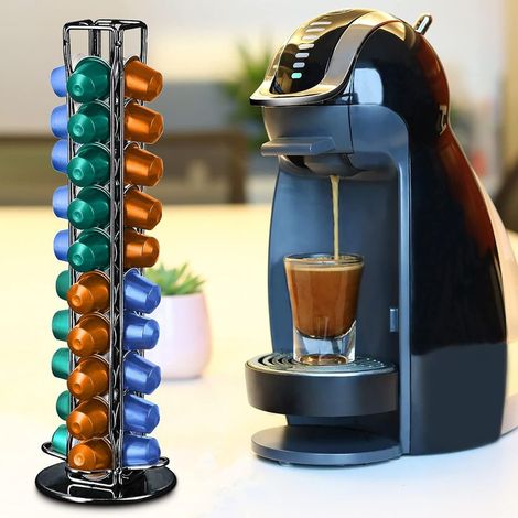 Support à capsules à café ,tournant Support à capsules à café,Distributeur de capsules,Grande capacité Peut contenir 40 capsules,en métal robuste,Fil chromé,durable et facile à nettoyer,Noir (1/5)