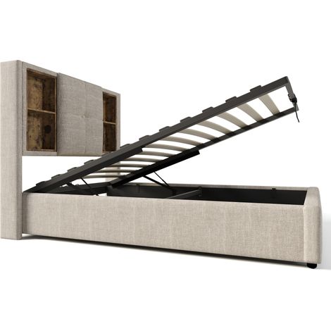 Cama individual 90 x 200 cm de lino natural con carga inalámbrica USB-C y almacenaje (1/5)