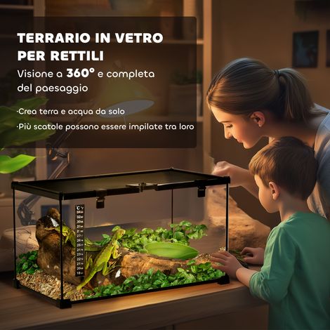 Terrarium surélevé pour reptiles avec serrure et thermomètre. en verre et grillage. 50 x 30 x 25 cm. noir (1/5)