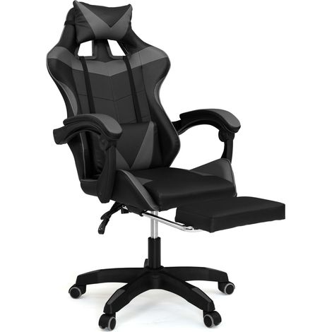 Idmarket – Fauteuil gaming réglable avec repose-pied – Dossier inclinable 135° – Coussins ajustables – Revêtement déperlant noir et gris