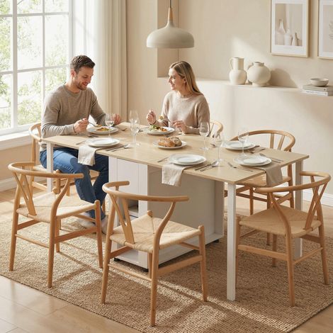 Tavolo da pranzo pieghevole per 6 persone, 39-168 cm, tavolo da cucina con 2 cassetti e 4 ripiani a giorno, bianco