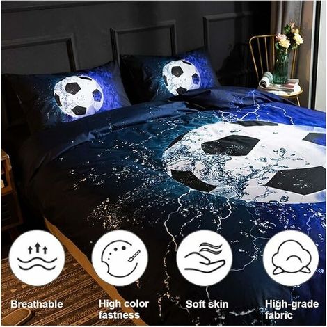 VURAHOME - 200 cm x 200 cm Bettbezug mit Fußballmotiv - Mikrofaser-Bettwäscheset für 2 Personen mit Reißverschluss, Bettbezug mit 2 Kissenbezügen 50 x 75 cm (Blau) (1/5)